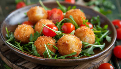 Wall Mural - Delicious Arancini Balls with Fresh Arugula and Cherry Tomatoes