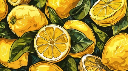 Hand drawn cartoon art abstract van Gogh style impressionist lemon fruit illustration background material.