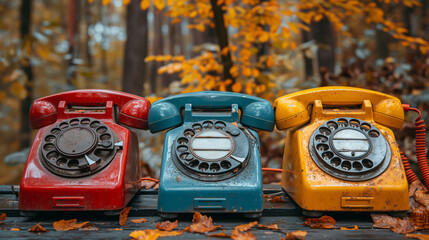 Three vintage rotary phones in red, blue, and yellow colors are placed on a wooden surface with fallen autumn leaves in the background