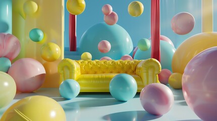 Wall Mural - 3d rendering of a surreal room with a yellow sofa and colorful balls floating around.