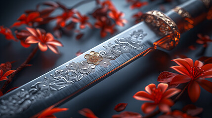 A close-up photograph showcasing a beautifully crafted sword, its blade with intricate floral patterns. The sword rests amidst a bed of red blossoms, creating a contrast between steel and beauty