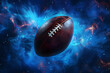 © Alexey - American Football ball on the dark background with neon glowing effect. Rugby ball glowing with energy. Soccer Championship banner with copy space.