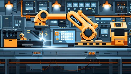 Canvas Print - Flat design digital manufacturing technology with automated robotic arms, smart factory setting