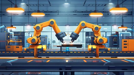 Canvas Print - Flat design digital manufacturing technology with automated robotic arms, smart factory setting