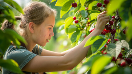 A young woman is picking cherries on a farm. Focused woman farmer picking berries from a tree. Gardening and farming concept.