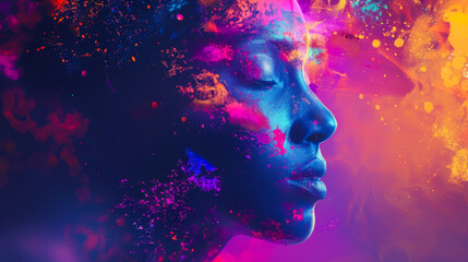 A woman's face is painted with bright colors and is surrounded by a colorful explosion. The image is a representation of the idea that beauty can be found in chaos and disorder.