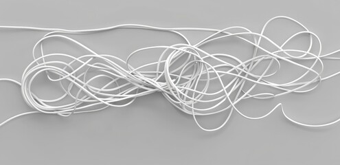 Wall Mural - 3d render of an isolated tangled up white electric wire on grey background, top view, flat lay