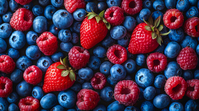 Many different berries in one heap. Raspberries, blueberries, strawberries and blueberries lie on the surface. Concept of vitamins, berries.