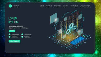 Modern trendy landing page vector design template. Data computing concept
