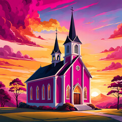 Wall Mural - Lone Figure Admiring Sunset at Quiet Church