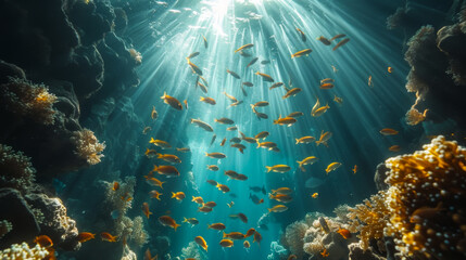 Wall Mural - Schools of fish swim near coral reefs. A large group of sardines swim in the open sea. Nature and food concept.