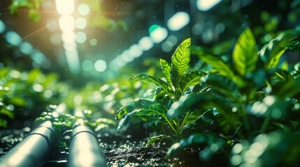 Close-up of a modern greenhouse using robotic technology to monitor plant quality and growth. Green plant in a greenhouse. Technology and gardening concept.