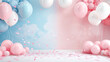 © Belho Med - gender reveal party background with blue and pink balloons and hearts