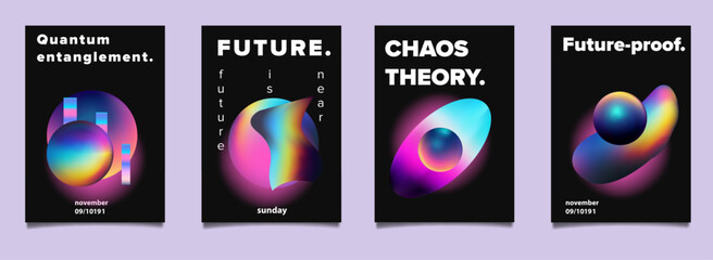 Poster - Set of abstract posters with complex 3d shapes in holographic bright neon colors. Ideal for invitations to scientific conferences and symposiums.