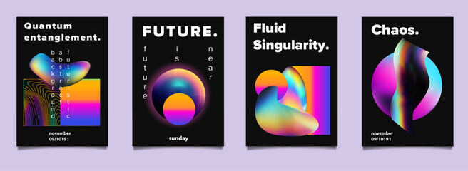 Poster - Set of abstract posters with complex 3d shapes in holographic bright neon colors. Ideal for invitations to scientific conferences and symposiums.