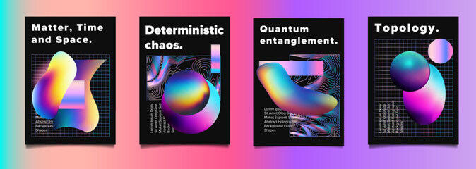 Poster - Set of abstract posters with complex 3d shapes in holographic bright neon colors. Ideal for invitations to scientific conferences and symposiums.