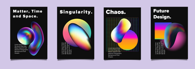 Poster - Set of abstract posters with complex 3d shapes in holographic bright neon colors. Ideal for invitations to scientific conferences and symposiums.