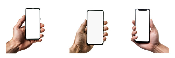 Set of man hand holding a smartphone with a white screen isolated on a transparent background