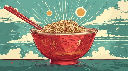 Wall Mural - A bowl of noodles with chopsticks in it. The bowl is on a yellow background