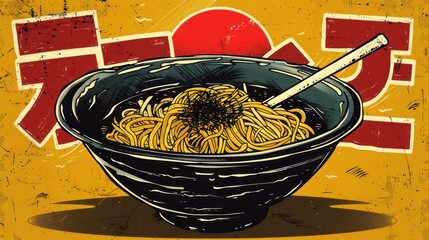 Wall Mural - A bowl of noodles with chopsticks in it. The bowl is on a yellow background