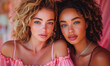 © Bartek - Fashionable Multicultural Girlfriends Posing Together on Pink Background in Vibrant Daylight, Diversity, Friendship, Beauty in Trendy, Stylish Outfits, Youthful and Confident Vibes