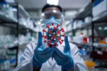 Wall Mural - A scientist in the laboratory holds a 2019-nCoV coronavirus model. Concept - development of a vaccine or medicine against coronavirus, pneumonia epidemic in China stock photo 