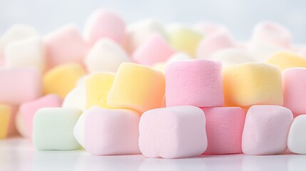 Wall Mural - Closeup of colorful pastel marshmallows in pink, yellow, and white. Sweet treat with a soft, fluffy texture.