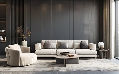 Wall Mural - Modern interior design of a living room with a sofa, armchair and coffee table in a dark gray colored wall background