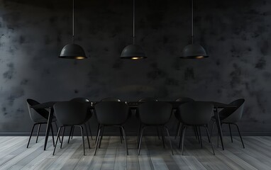 Wall Mural - Modern interior design of a dining room with black chairs and table against a dark wall, 3D rendering mock up, interior concept idea