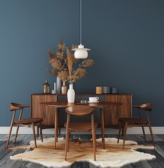 Wall Mural - Modern interior design of a dark blue wall with a walnut sideboard cabinet and wooden chairs, with a cowhide rug, 3D rendering illustration mock up in the style of an interior designer