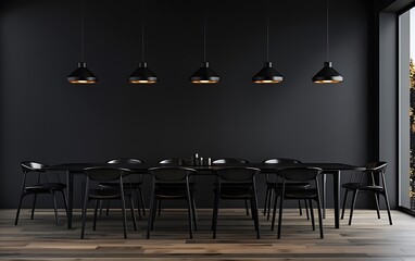 Wall Mural - Modern interior design of a dining room with black chairs and table against a dark wall, 3D rendering mock up, interior concept idea