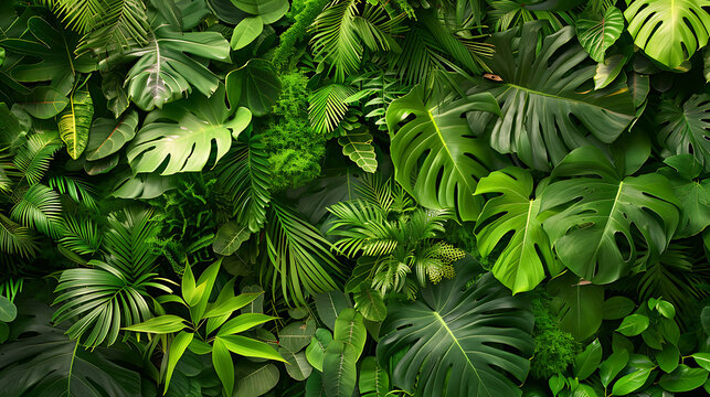 a lush tropical foliage composed of various green leaves with diverse shapes and textures