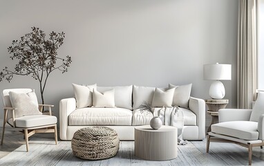 Wall Mural - Modern interior design of a living room with a white sofa, armchair and coffee table against a light gray colored wall