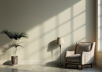 Wall Mural - Modern interior design of a room with an armchair and lamp on a grey wall background