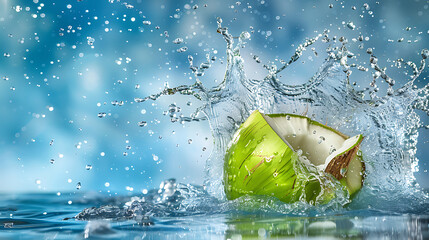 Wall Mural - a green coconut with its top cut off, set against a blue background. Water is splashing around it, creating dynamic patterns of droplets suspended in the air