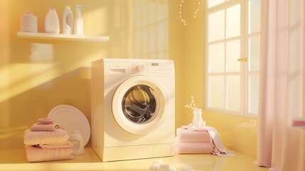 3d rendering of a washing machine in a laundry room. The room is painted in a warm yellow color and the washing machine is white.