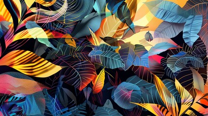 Poster - vibrant and colorful leaves of different shapes and sizes with intricate details and a painterly sty