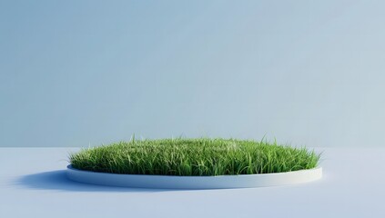 Wall Mural - green podium with grass on a blue background
