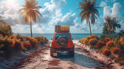 car with luggage ready for summer holidays 3D Rendering with beach and palm trees, tropical vibe, summer, background or wallpaper