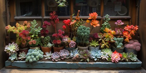 Wall Mural - A window sill adorned with an array of potted succulents and blooming flowers