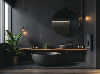 Wall Mural - Modern interior of a black bathroom with a round mirror, sink and bathtub on a wooden floor