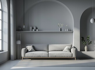 Wall Mural - Modern interior of a gray living room with a sofa, shelf and bookcase near a window