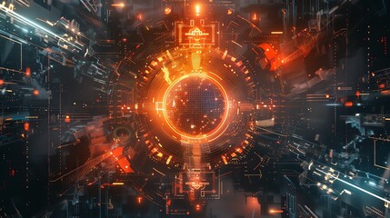 Poster - 3D rendering of a futuristic spaceship cockpit. The ship is surrounded by a glowing orange energy field.