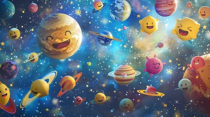 Wall Mural - A whimsical digital painting of a cheerful solar system filled with smiling planets, stars, and galaxies.