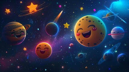 Wall Mural - A cheerful cartoon illustration of a starry night sky filled with smiling planets and stars.