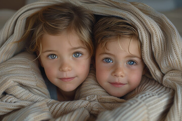 Wall Mural - Siblings making a fort out of blankets. Concept of creativity and childhood fun. Generative Ai.