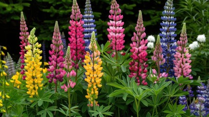 Sticker - Lupine plants displaying pink yellow and purple flowers flourishing in the garden