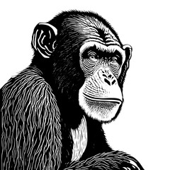 cartoon ape monkey head in style of linocut engraving, woodcut, black and white, white background.