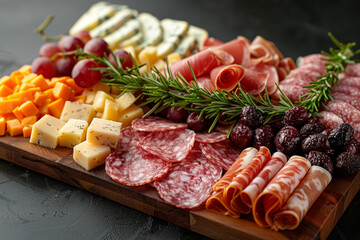 Wall Mural - A beautifully arranged charcuterie board with cheeses, meats, and fruits. Concept of appetizers and entertaining. Generative Ai.