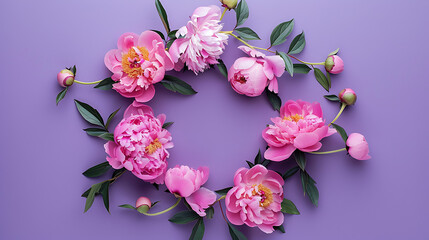 Wall Mural - a captivating arrangement of pink peonies in various stages of bloom, set against a purple background.